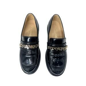 Chanel Patent Leather Logo Round Toe Slip On Flat Loafers Black Women's Size 36